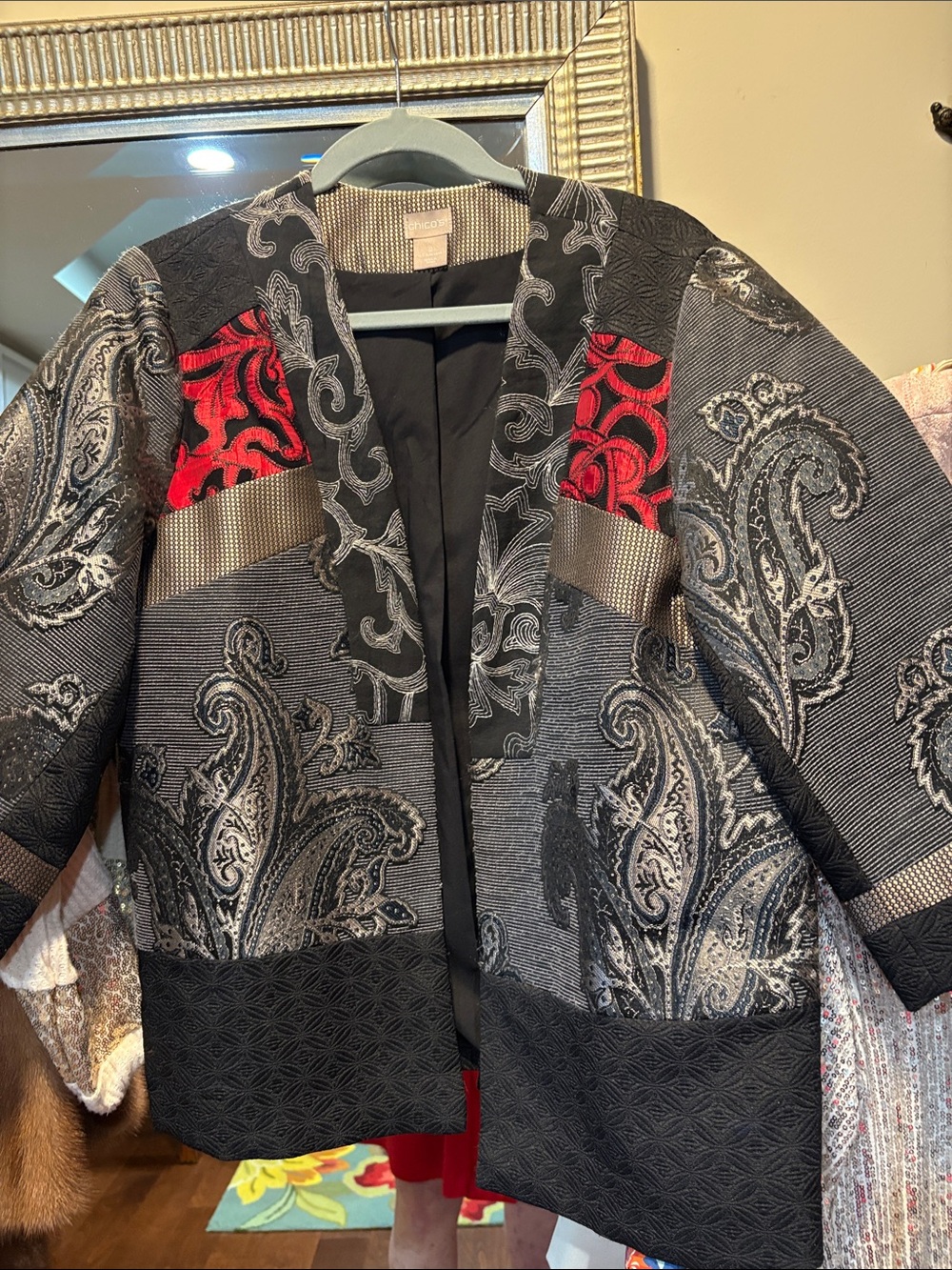 Chico's Black, Gray & Red Paisley Patchwork Open Blazer